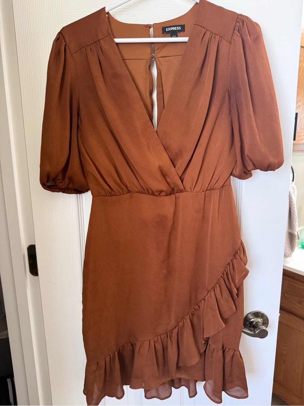 Express Rust Wrap Ruffle Mini Dress